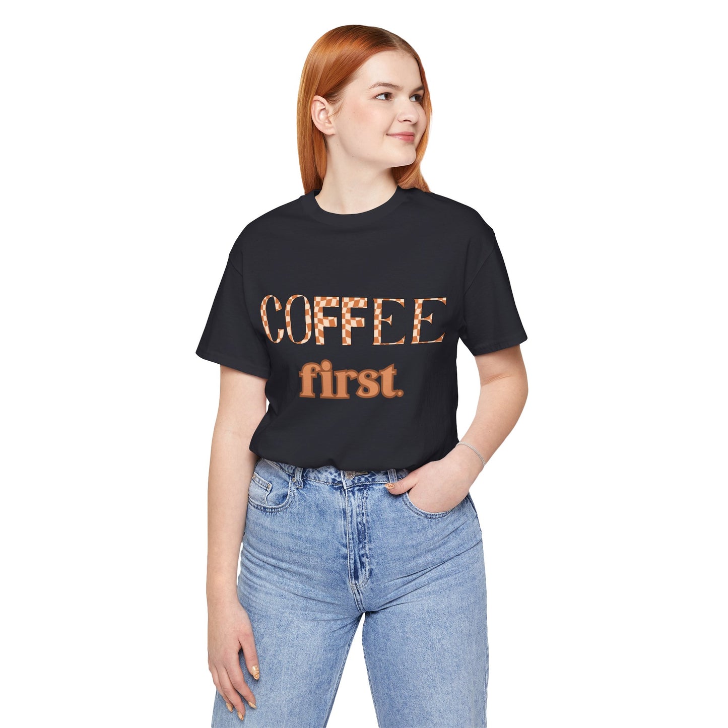 Coffee First T‑Shirt — Retro Checker & Script Coffee Lovers Tee