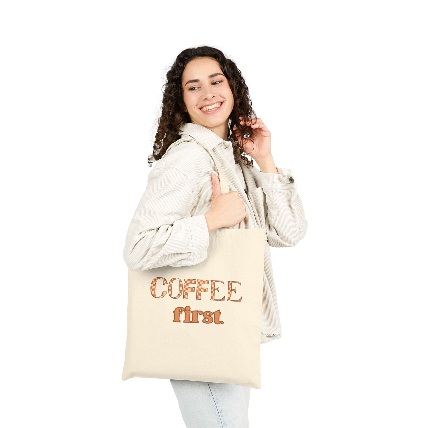 Coffee First Canvas Tote Bag — Retro Coffee Lover Grocery & Market Tote