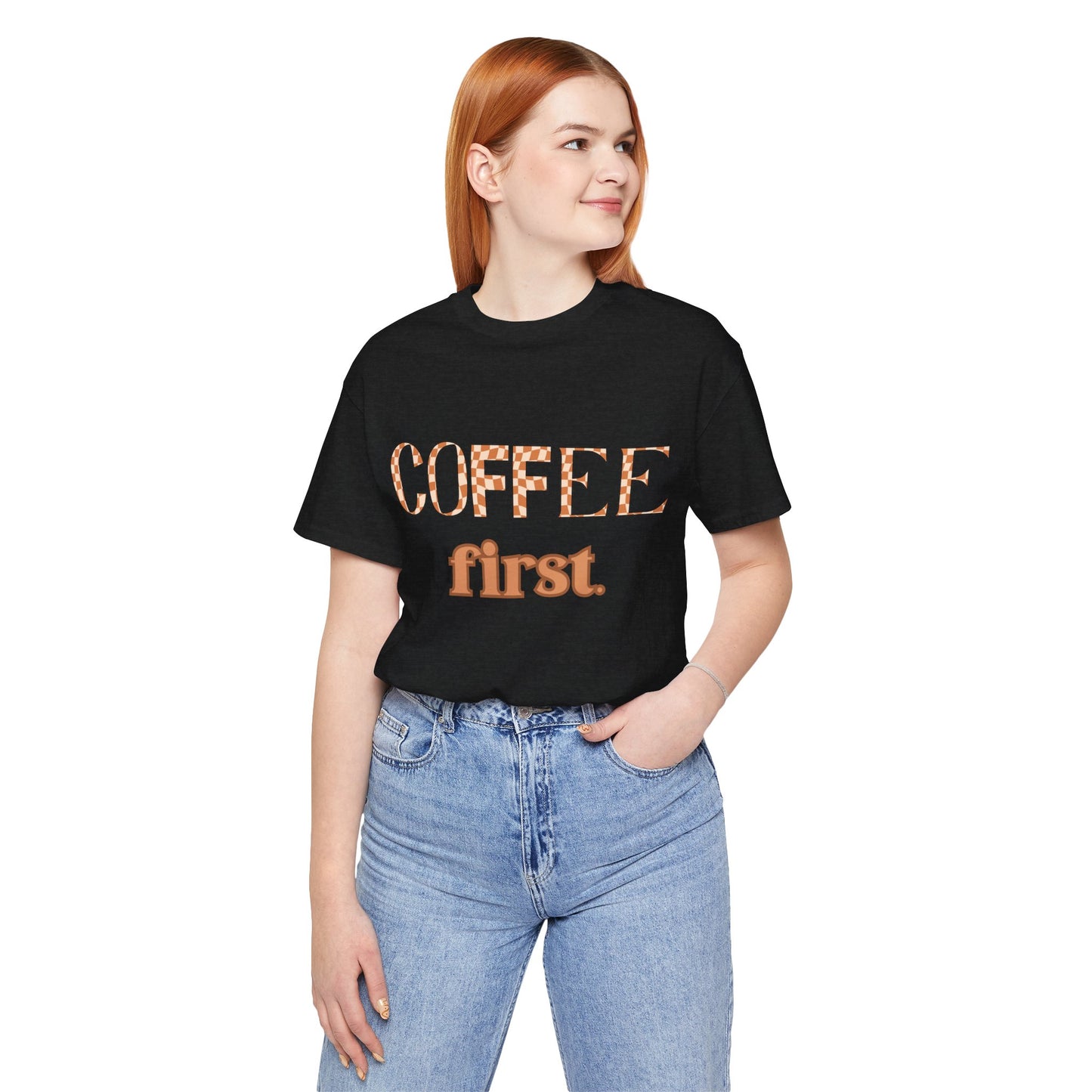 Coffee First T‑Shirt — Retro Checker & Script Coffee Lovers Tee