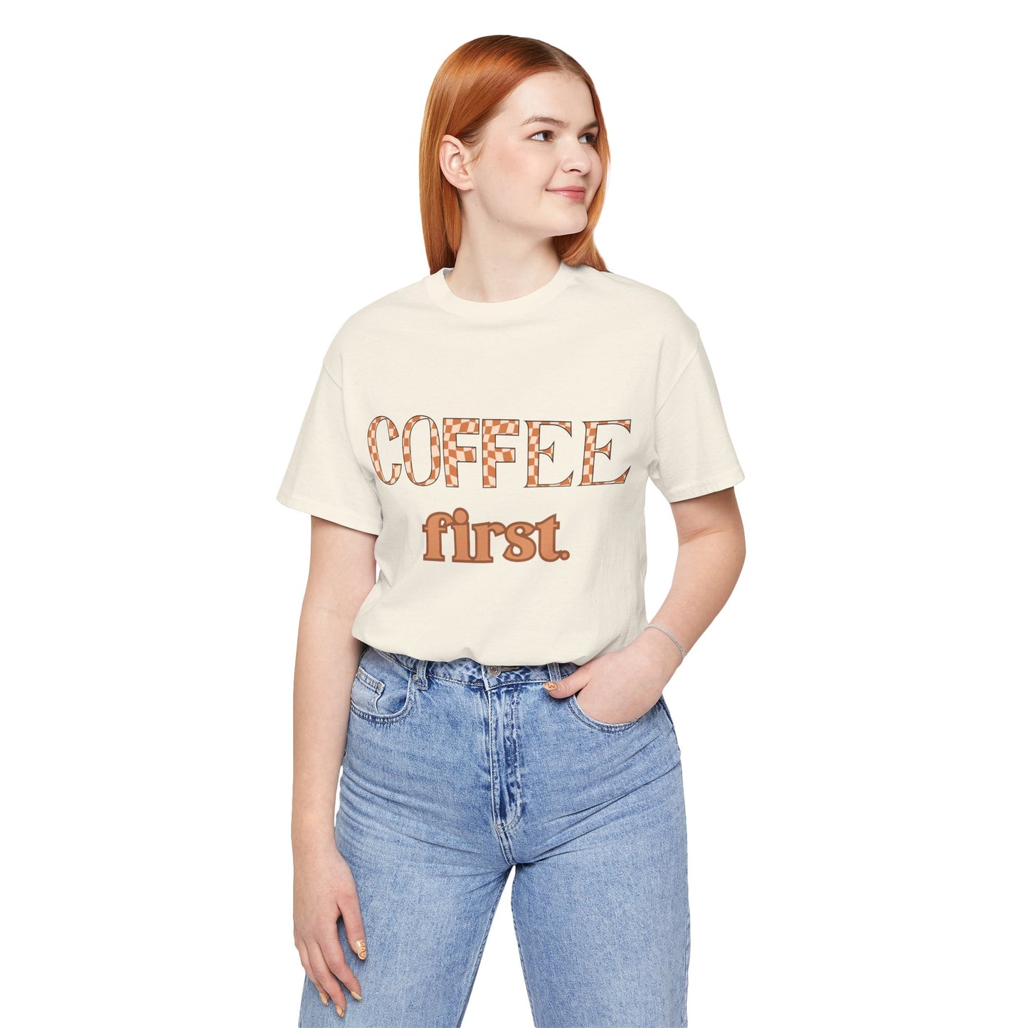 Coffee First T‑Shirt — Retro Checker & Script Coffee Lovers Tee