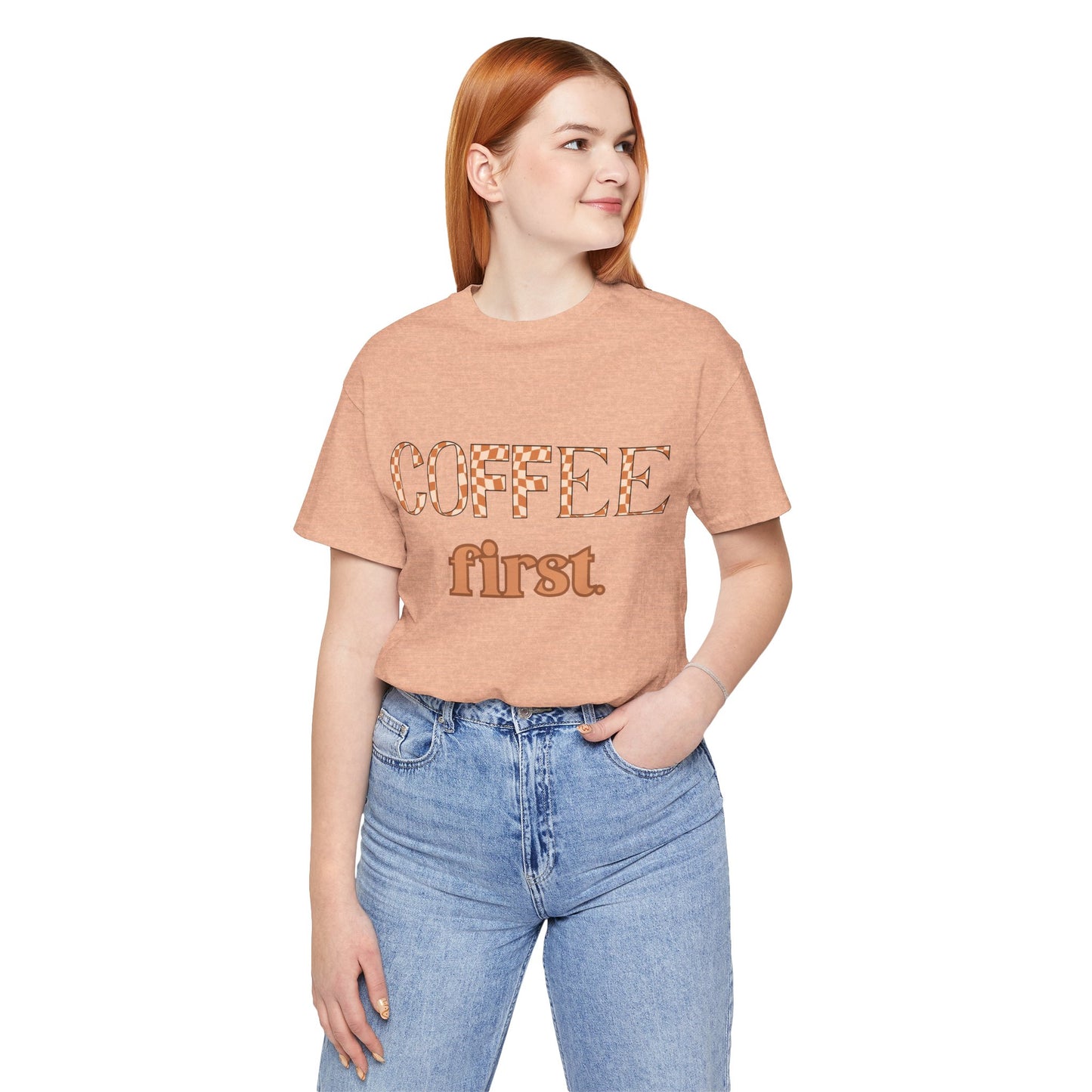 Coffee First T‑Shirt — Retro Checker & Script Coffee Lovers Tee