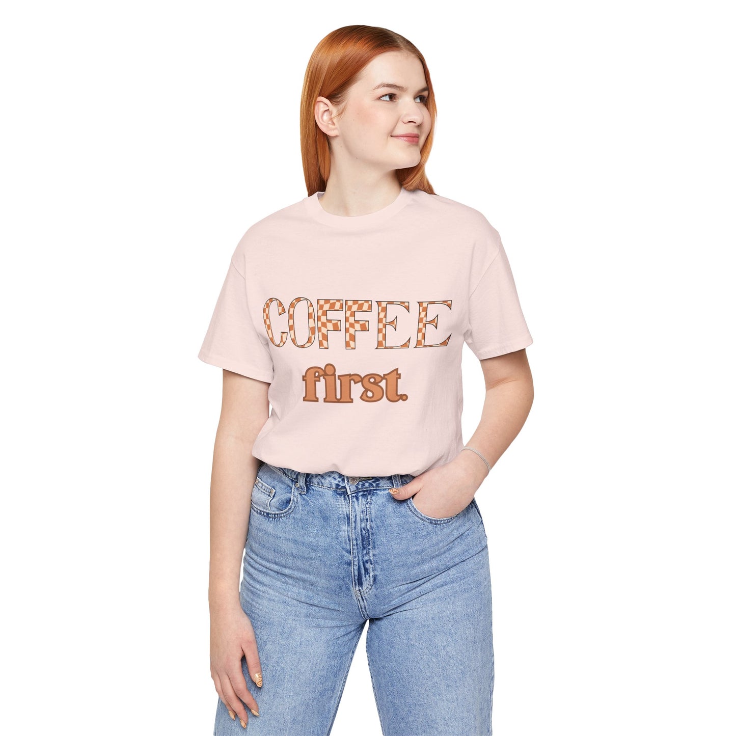 Coffee First T‑Shirt — Retro Checker & Script Coffee Lovers Tee