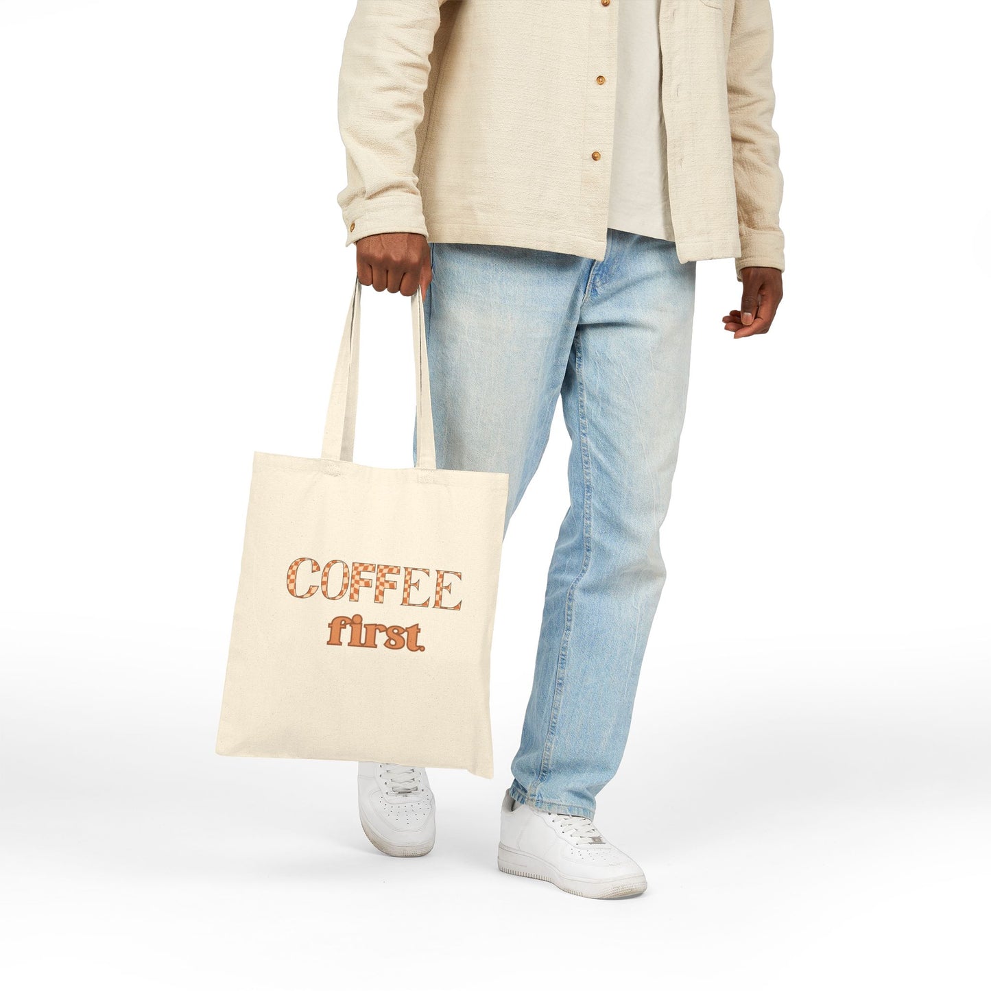 Coffee First Canvas Tote Bag — Retro Coffee Lover Grocery & Market Tote