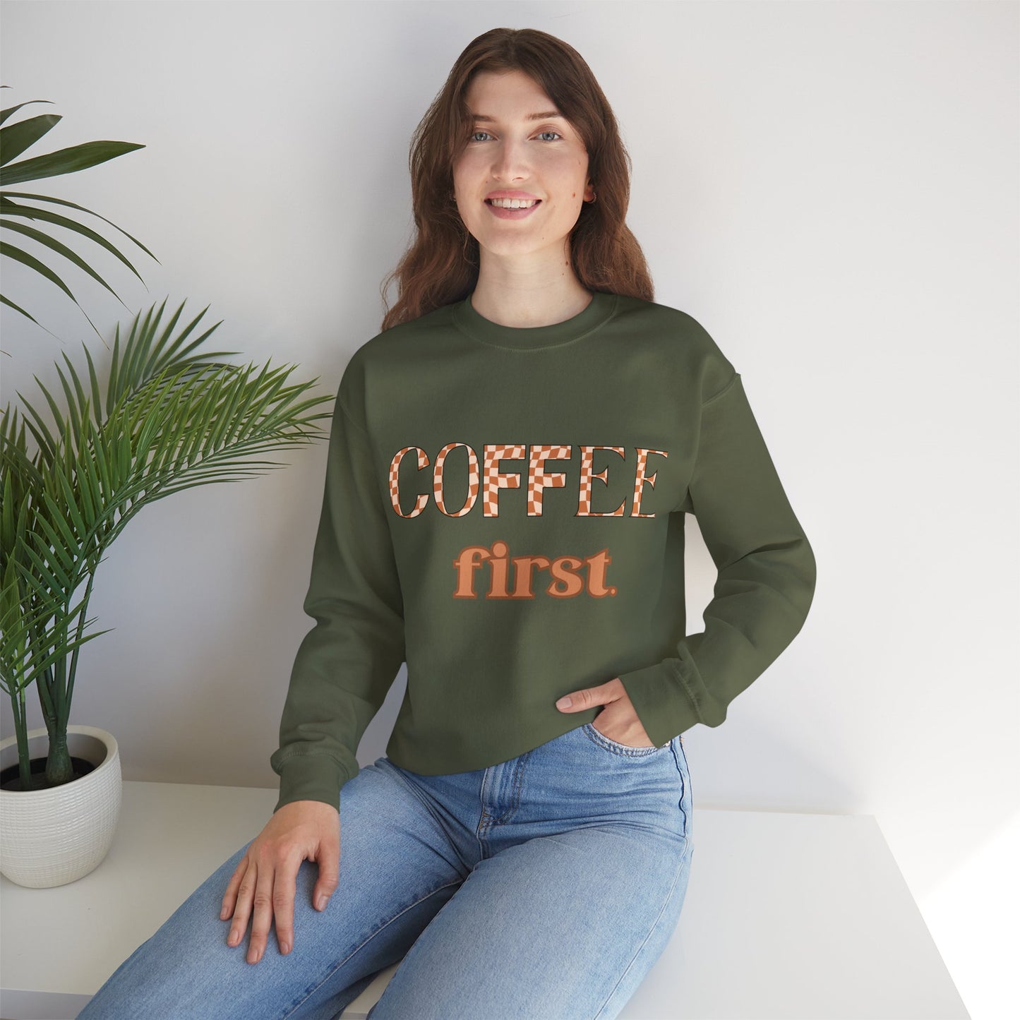 Coffee First Crewneck Sweatshirt – Cozy Coffee Lover Pullover